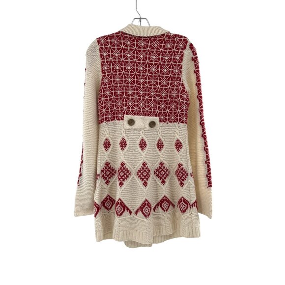 Sparrow Womens Red & Cream Knit Long Cardigan With Button Front & Diamond Patter - Picture 5 of 9